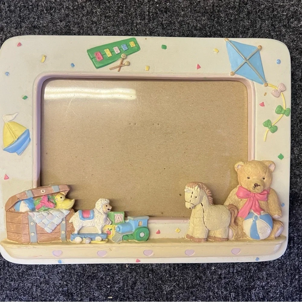 Kids Toys Picture Frame Holds 5x7 porcelain with Bear and Horse Cream 90s
